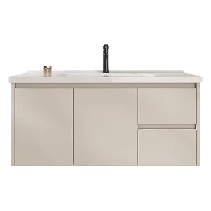 Mueble de Baño Minimalista de Aluminio Estilo Crema con Lavabo de Cerámica Integrado, Mueble de Baño con Lavamanos, Espejo Inteligente con Lavabo Integrado