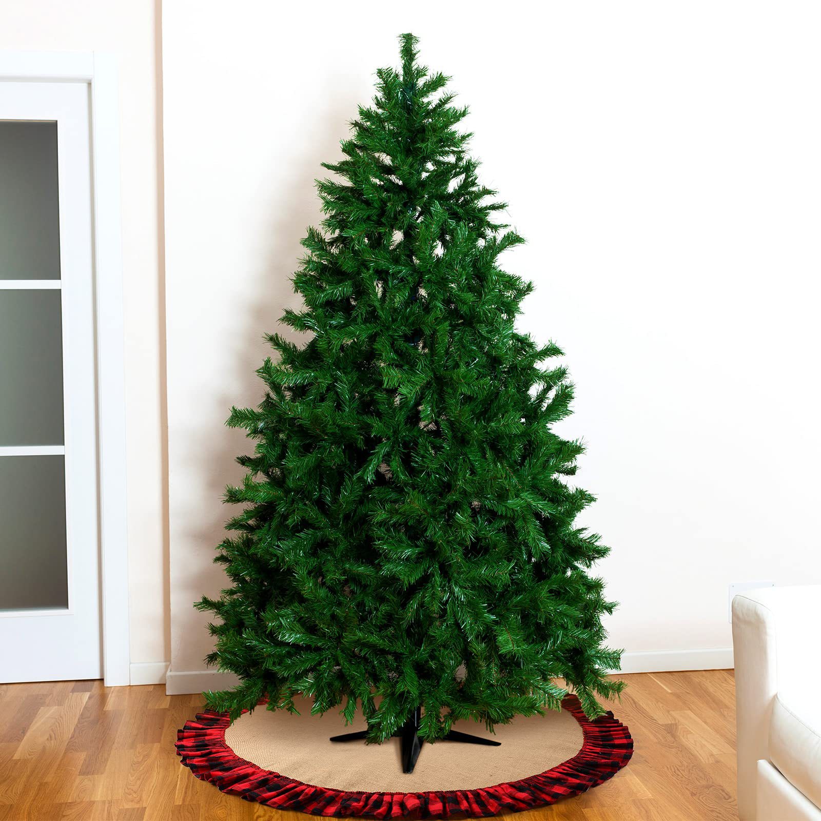 Cruzar la frontera nueva decoración del árbol de Navidad plisado negro y rojo Lino a cuadros árbol de Navidad falda de árbol de encaje