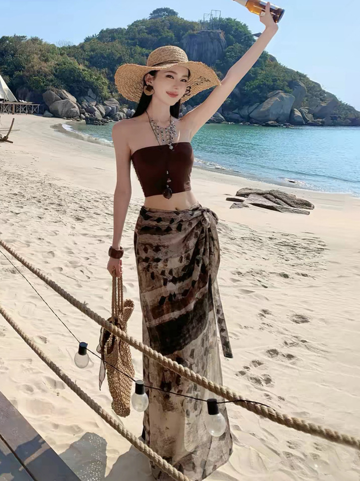 海岛慵懒度假风套装女辣妹短款抹胸背心不规则印花半身长裙两件套