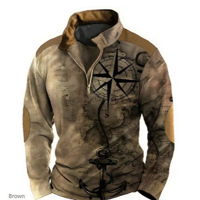 European and American Long-Sleeved Ethnic-Style 3D Printed Half-Zip Men's Polo Shirt