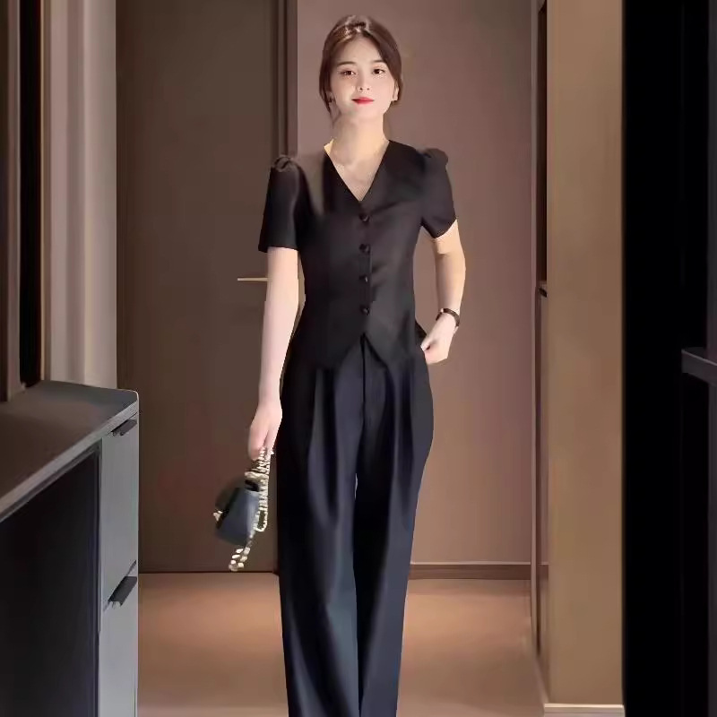 Korean Style High-End Design Professional Suit Women's Short-Sleeved Suit V Neck Top + High-Waisted Straight Wide-Leg Pants Two-Piece Set
