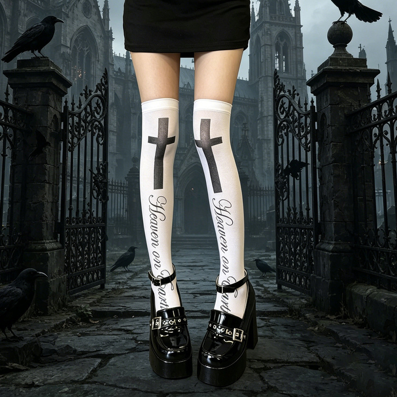 Cross-border plus-size Y2K hot girl letter and cross print over-the-knee high socks in a sweet and cool style for Halloween