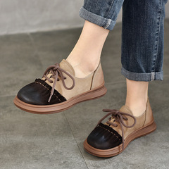 復古設計感單鞋女軟皮軟底系帶單鞋2024春季新款平底拼色真皮單鞋