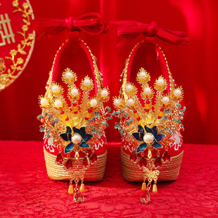 【Golden Treasure】Original Hanfu Wedding Shoes Handmade Light Luxury Ancient Style Ming Dynasty Wedding Embroidered Shoes Chinese Traditional Costume Xiuhe
