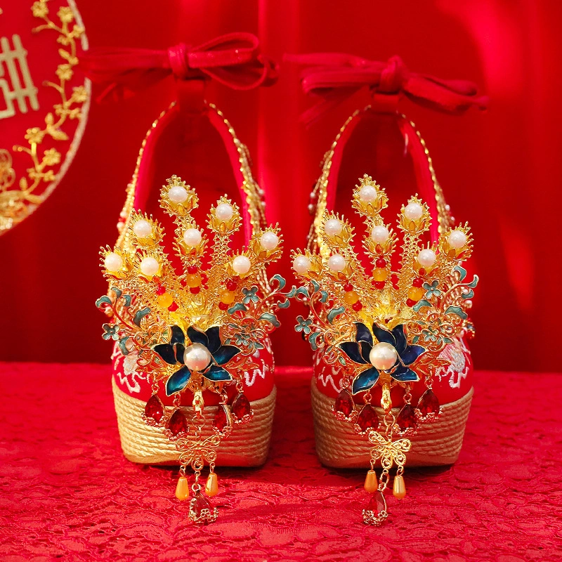 【Золотое сокровище】Оригинальные свадебные туфли Hanfu, легкие роскошные свадебные туфли ручной работы в древнем стиле династии Мин, свадебные туфли с вышивкой, традиционный китайский костюм Xiuhe.