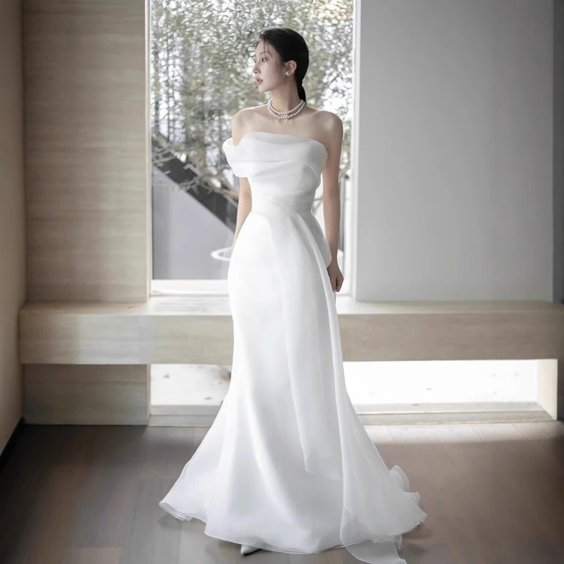 French-Style Light Wedding Dress for Brides, Simple Off-The-Shoulder Mermaid Gown, 2026 New Style, Strapless Bustier Reception Dress Manufacturer French-Style Light Wedding Dress for Brides, Simple Off-The-Shoulder Mermaid Gown, 2026 New Style, Strapless Bustier Reception Dress Manufacturer