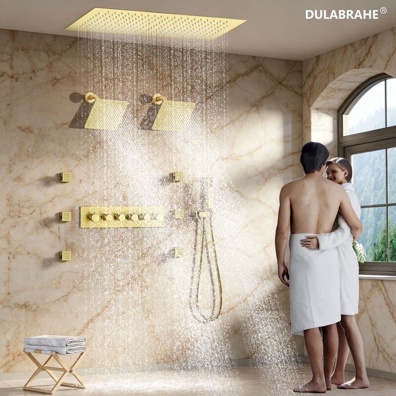 Brushed Gold Embedded 600*300mm Concealed Shower Set Double Shower Brass Thermostatic Control Valve Brushed Gold Embedded 600*300mm Concealed Shower Set Double Shower Brass Thermostatic Control Valve