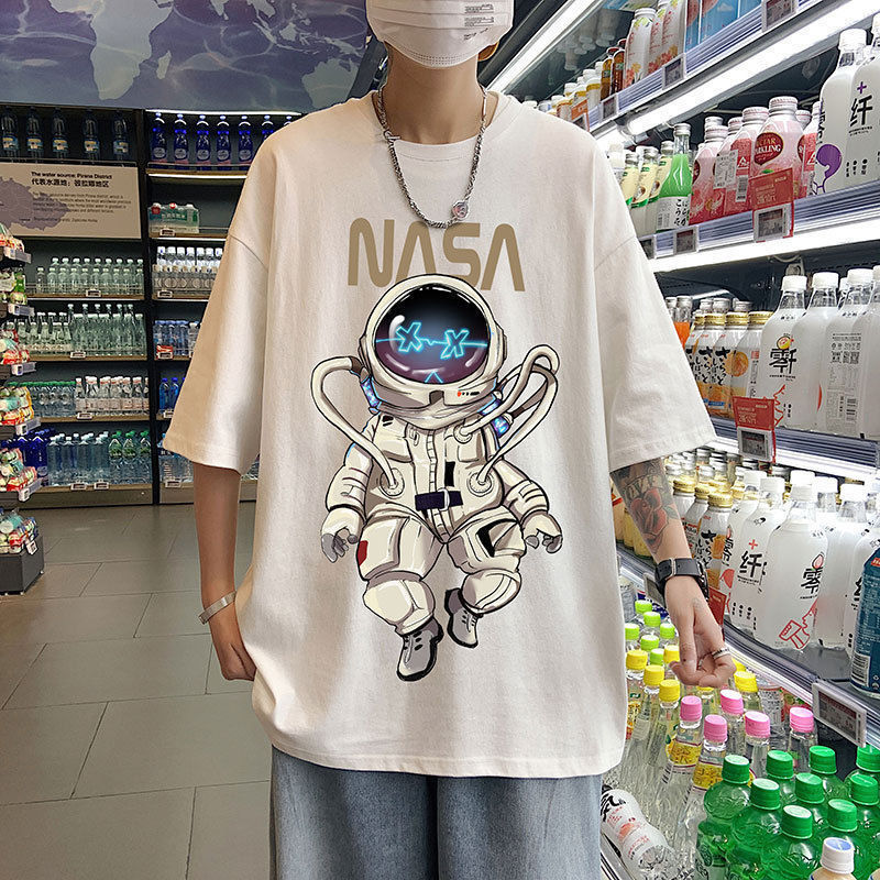 夏季男士短袖t恤潮流港风宽松情侣装ins百搭打底衫印花体恤五分袖