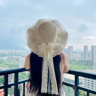 New Sun Hat Pastoral Sweet Lolita Japanese Straw Hat Lace Bow Ribbon Hat Straw Hat