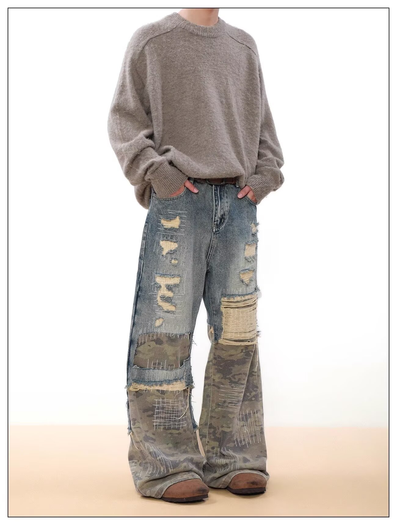 Jeans uomo vintage denim distressed patchwork camouflage blu_voghion.com