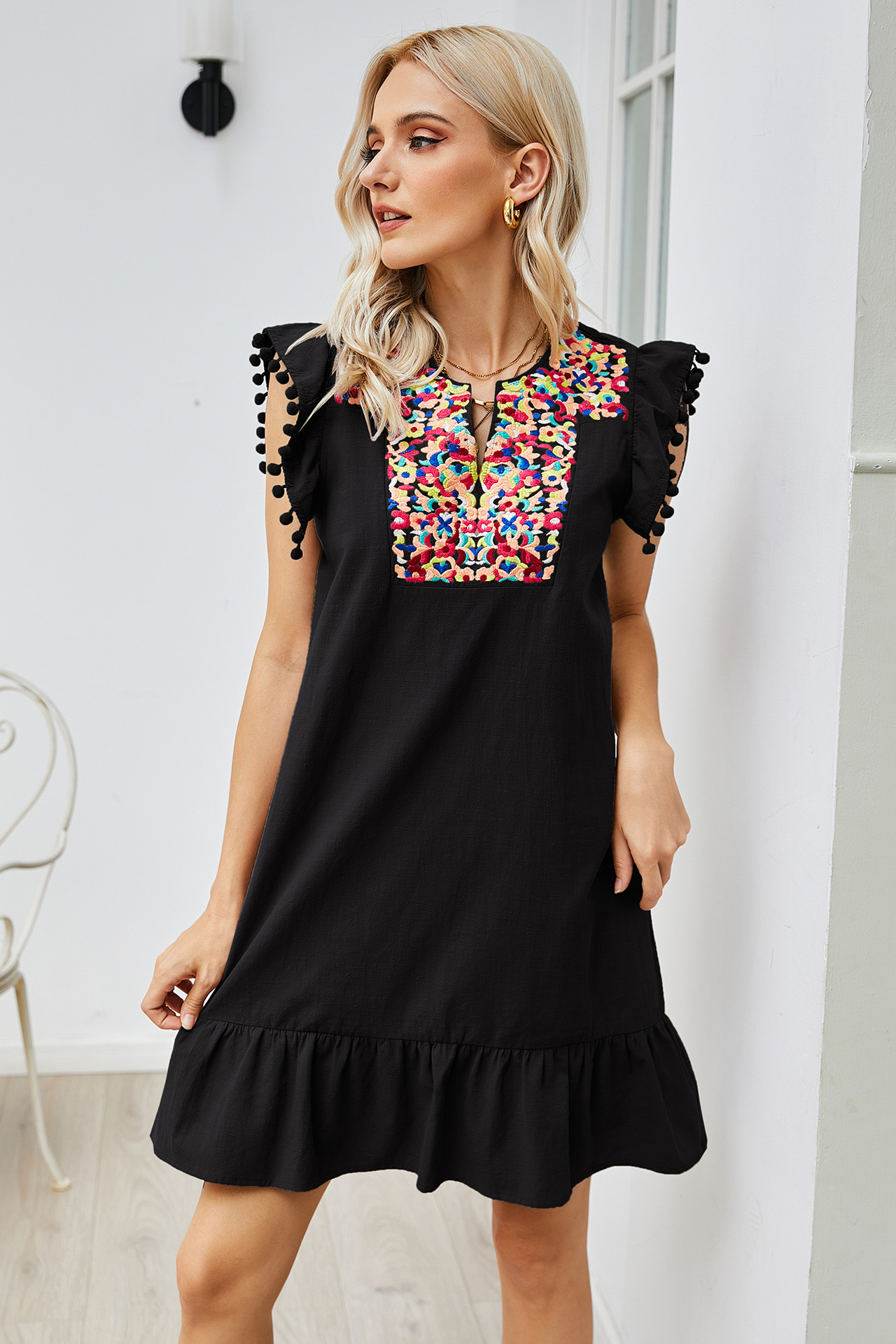 Embroidery Sleeveless Small Solid Color Short Dress NSLM62174