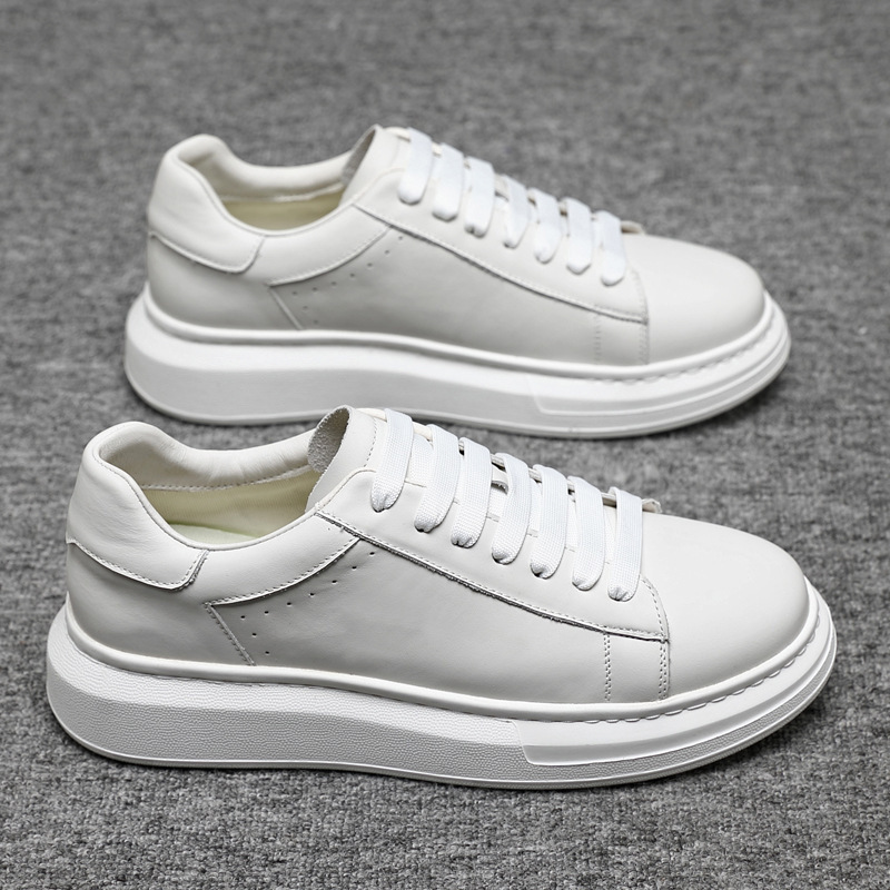 [Same Style as Lei Jun] First-Layer Cowhide White Shoes, Thick-Soled Height-Increasing Sports Sneakers, Men's Versatile White Business Shoes