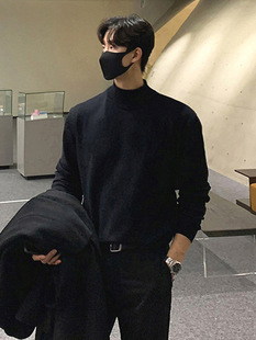 Autumn and Winter Half-turtleneck Sweater Men's Black Thickened Trendy Brand Korean-style Trendy Loose Inner Base Sweater