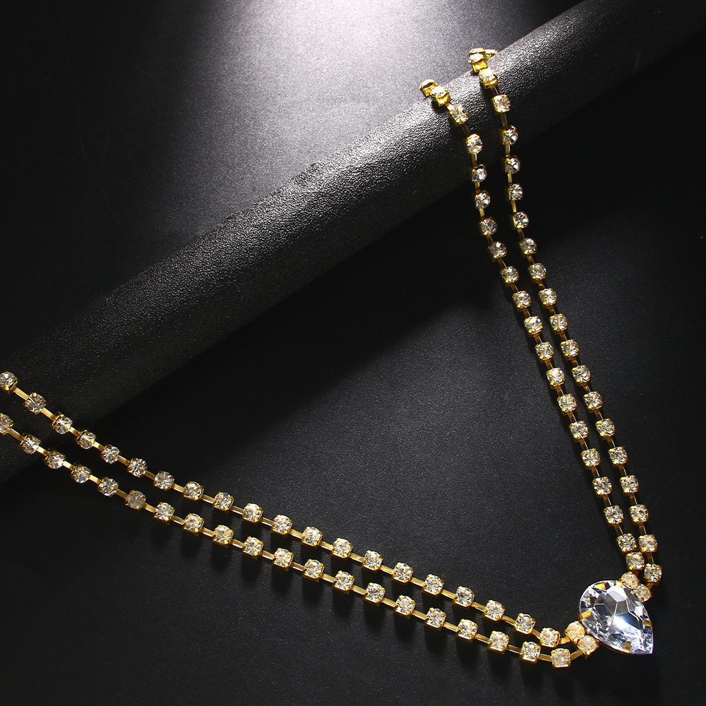 Bandeau de mariée en strass fait à la main avec chaîne frontale en forme de goutte d'eau à double couche, vente chaude_voghion.com