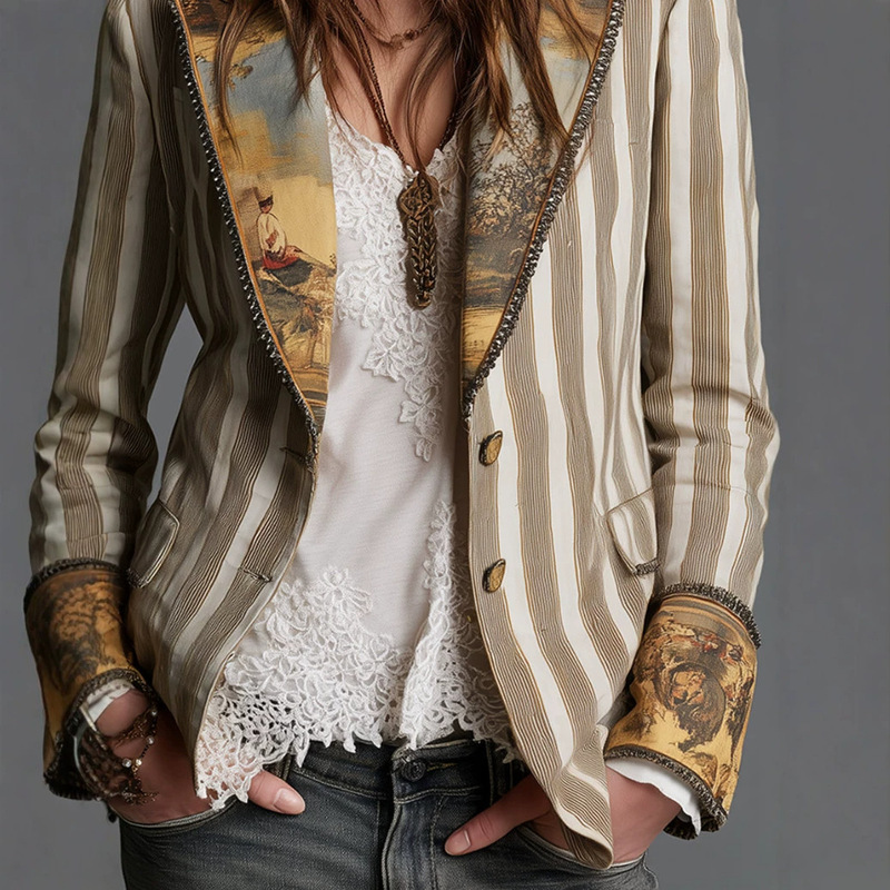 2026 Amazon Independent Site Cross-Border Hot-Selling Women's Clothing European and American Bohemian Style Contrast Striped Blazer 2026 Amazon Independent Site Cross-Border Hot-Selling Women's Clothing European and American Bohemian Style Contrast Striped Blazer