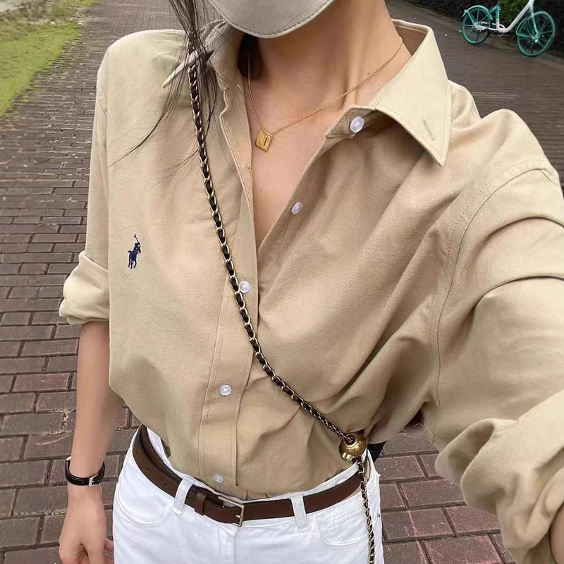 High-Quality Cross-Border Laff Rl Oxford Cloth Shirt Embroidered Men's and Women's Slim Casual Long-Sleeved Couple Cross-Border Export