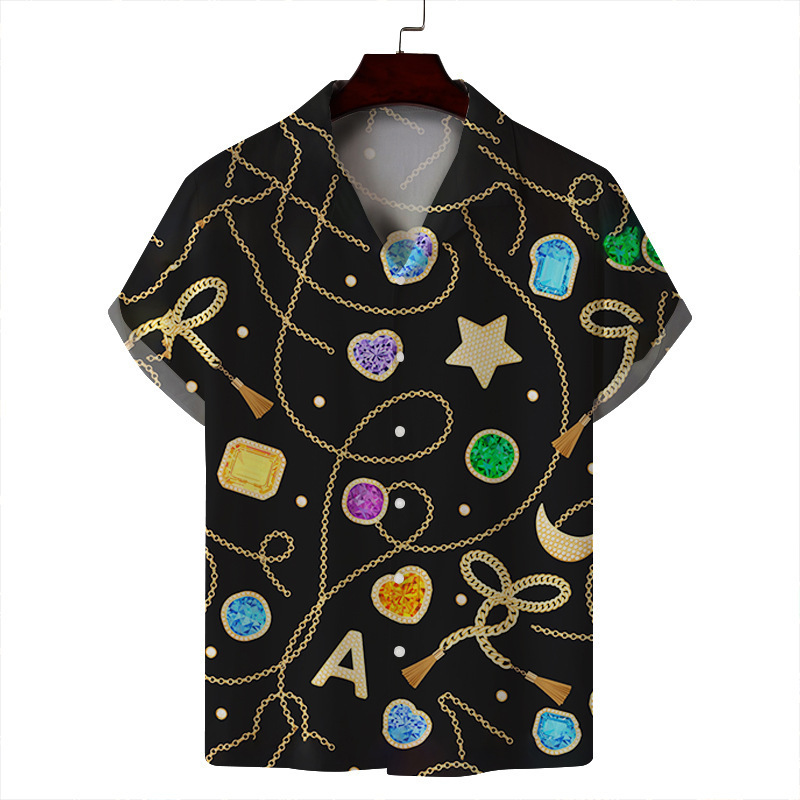 2024 verano hombre delgado casual cuello cubano moda cara hawaiana elástica camisa de manga corta con estampado digital 3D