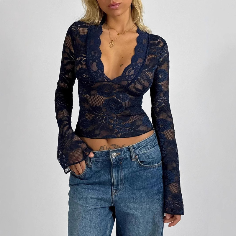 2025 Europe and the United States cross-border autumn new pure wind hot girl sexy deep V slim all-match long sleeve lace top women