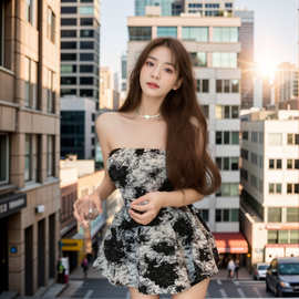水墨画扎染印花抹胸上衣女修身小众辣妹外穿无肩带背心夏季设计感