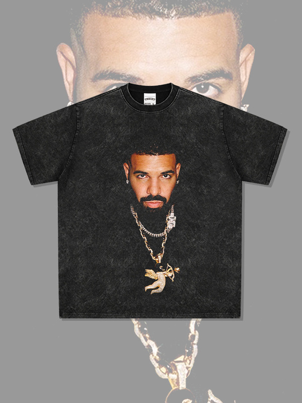 American Retro Hip-Hop Drake Big Head Printed High Street Short-Sleeved T-Shirt Washed Heavy Cotton Round Neck Hooded Sweatshirt