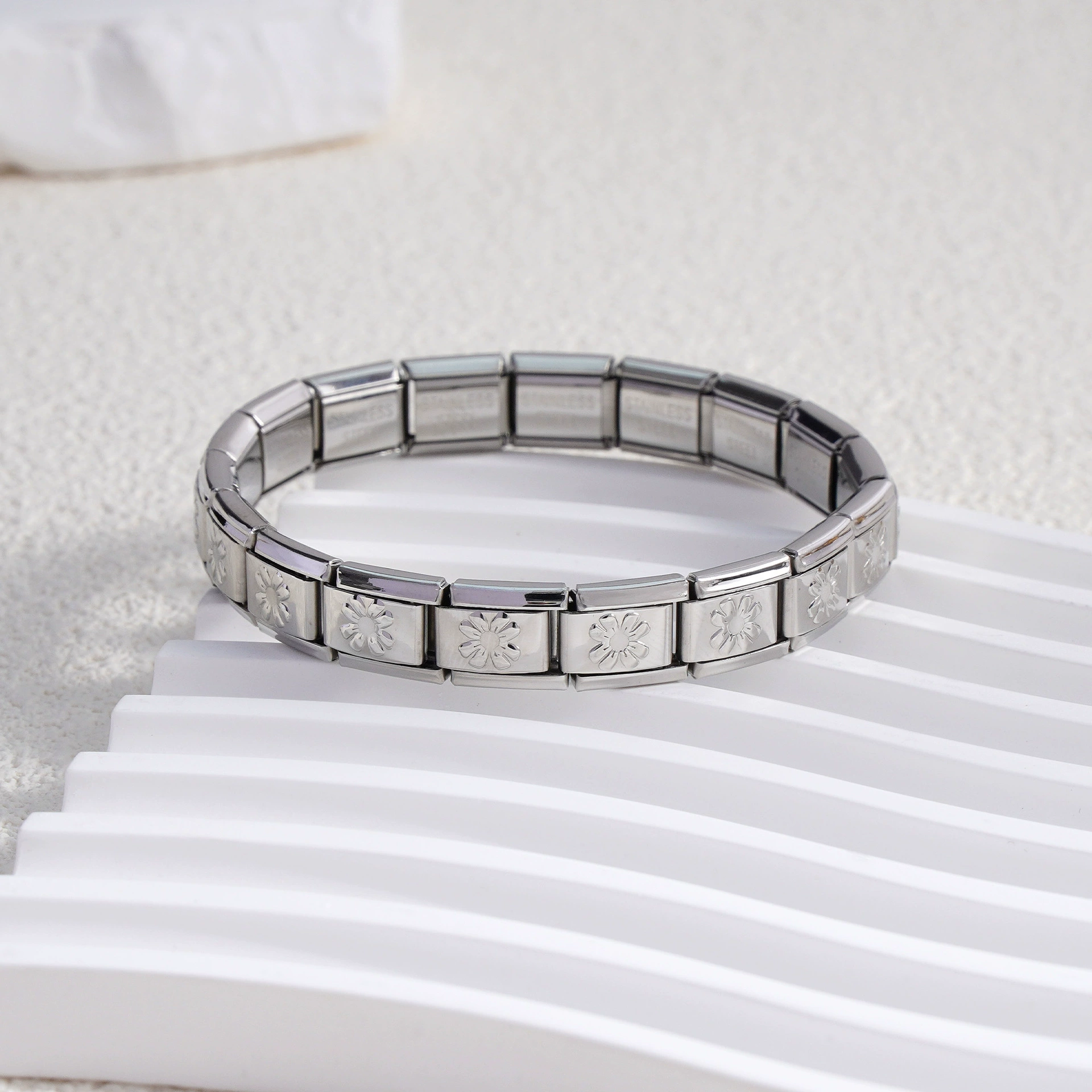 stainless steel bracelet, removable elastic link watch strap, italian european style, assorted charms