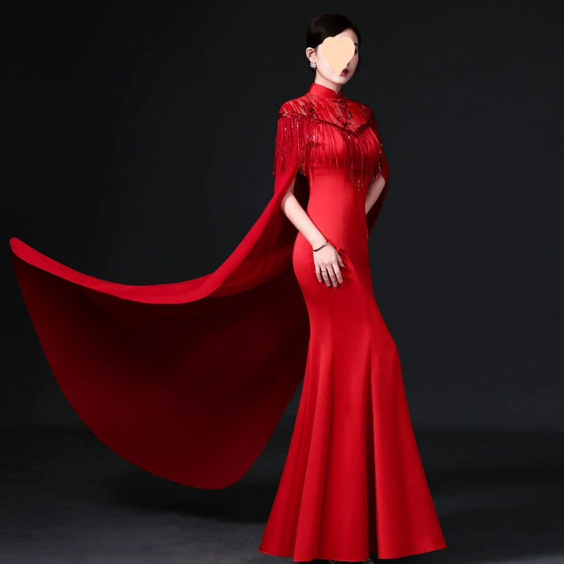 Классическое тонкое платье в китайском стиле с рыбьим хвостом, длинное вечернее платье для ежегодной вечеринки, подиумное платье Cheongsam с накидкой, вечернее платье