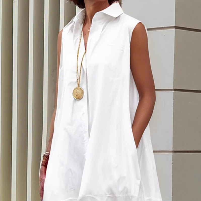 2025 European and American Cross-Border Summer New Pure Color Sleeveless Large Size Loose Lapel Mid-Length Women's Shirt Dress