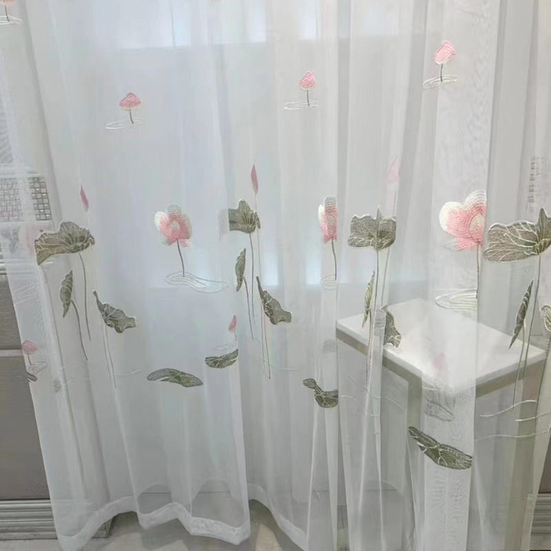 New Lotus Embroidered Window Screen New Chinoiserie Living Room Balcony Teahouse Gauze Curtain Bay Window Partition Balcony Background Gauze