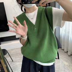 レトロなゆったりした外着vネックバックル馬甲女秋冬新作女装重ね着洋気ニットベスト女カンタン