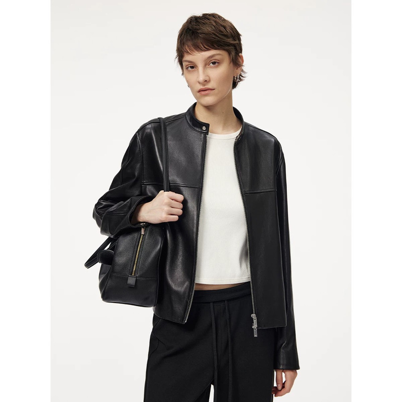 Sheepskin simple and stylish 2026 autumn and winter new stand-up collar biker leather jacket genuine leather short coat for women Sheepskin simple and stylish 2026 autumn and winter new stand-up collar biker leather jacket genuine leather short coat for women