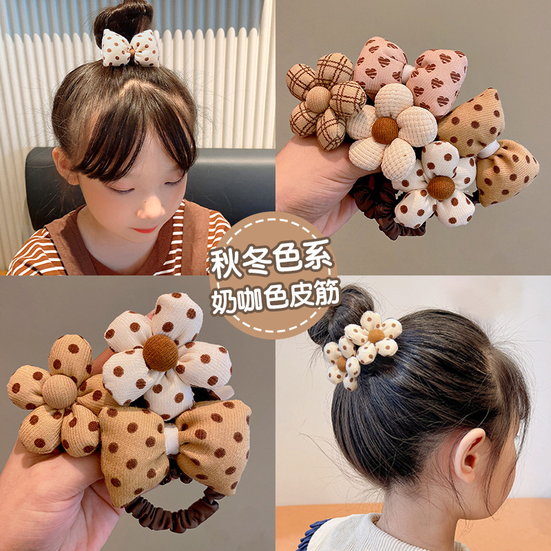 New Children's Milk Coffee Color Fabric Flower Hair Tie and Hairband for Girls, Non-Damaging Elastic Headband