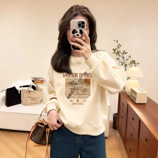 美式杏色正肩韩系内搭圆领卫衣女2025秋冬新款欧货套头外套上衣潮