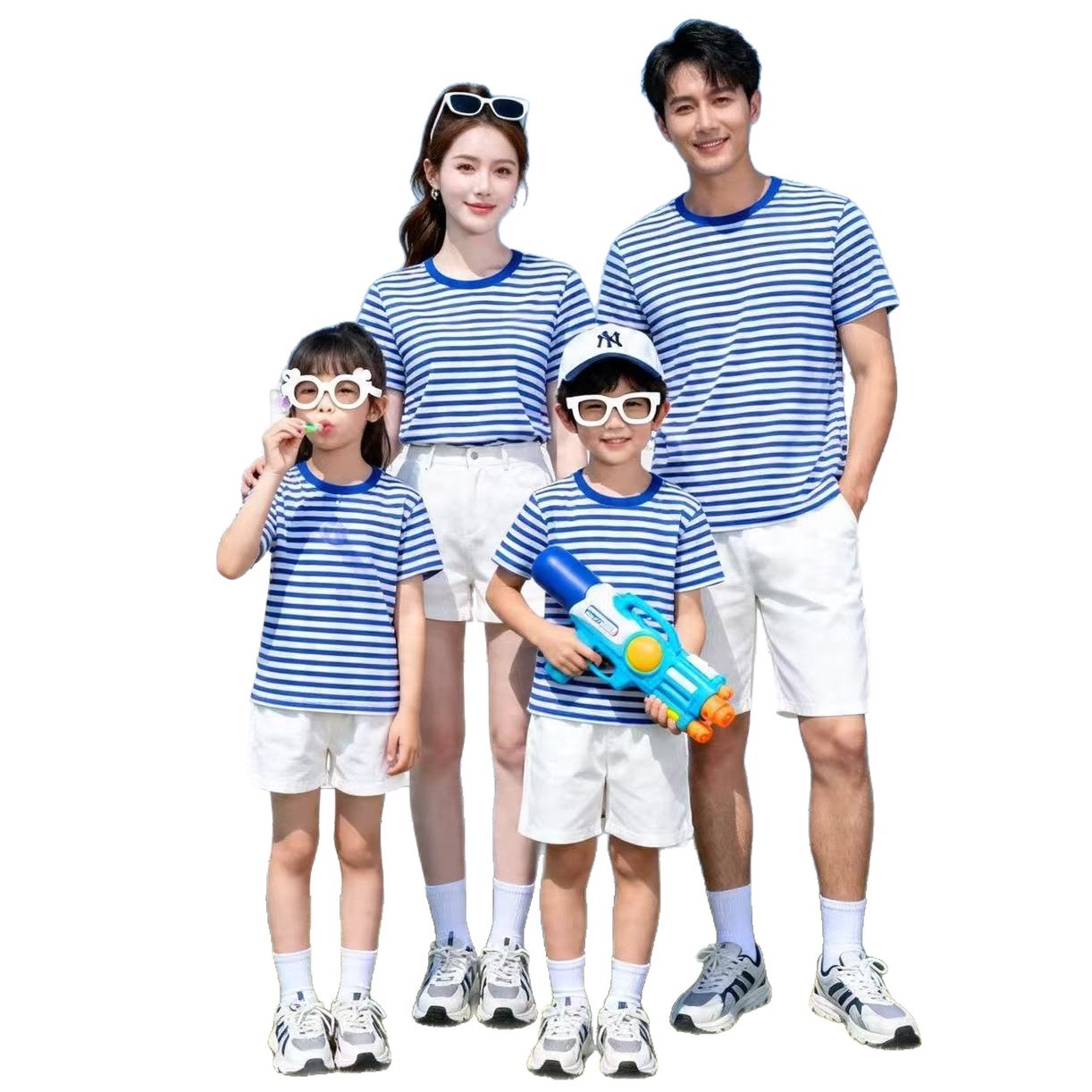 Chinese Style Parent-Child Clothes Sea Soul Shirt Short-Sleeved Striped T-Shirt Pure Cotton Navy Style National Fashion Red Scarf Primary School Student Class Clothes