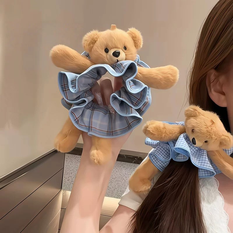 Cute and super stylish plush bear plaid scrunchie for playful bun hairstyles, hair accessory wholesale