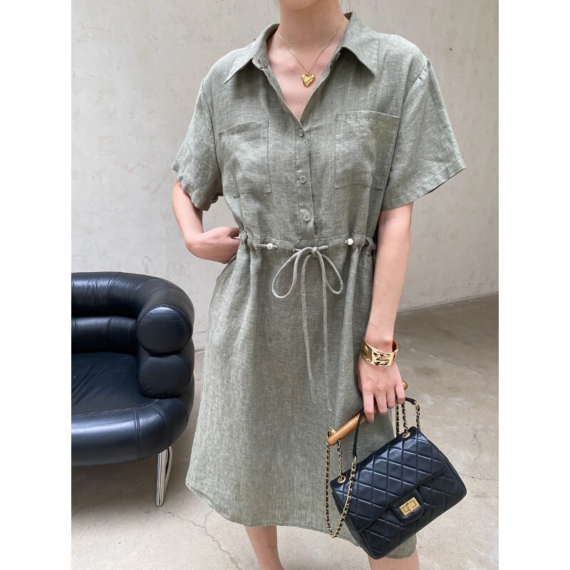Sinnan Old Money Style 100% Linen Beaded Drawstring Waist Slimming Shirt Dress Sn9134