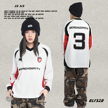 GLFS 25秋季3号运动男式情侣校园上衣长T v领拼接个性潮流长袖t恤