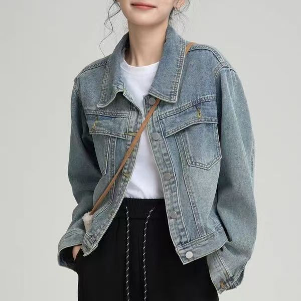 2025 Spring New Washed Blue Denim Short Tops Women's Long Sleeve Loose American Casual Tops Top Trendy