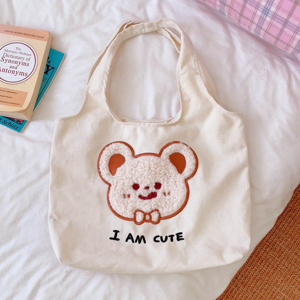 Canvas Bag Hand-carrying Large-capacity Shopping Bag Plush Embroidery Casual Cute Bag display picture 4