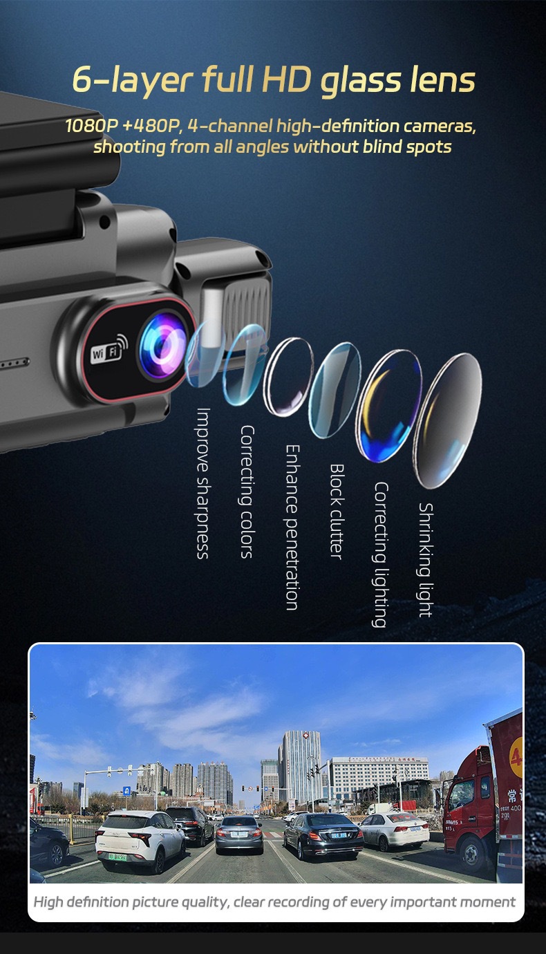 Cross-Border 3.0inch Hd Dash Cam with Four Cameras, Wifi Mobile Phone Connectivity, High-Definition Night Vision, Four-Lens Video Recording