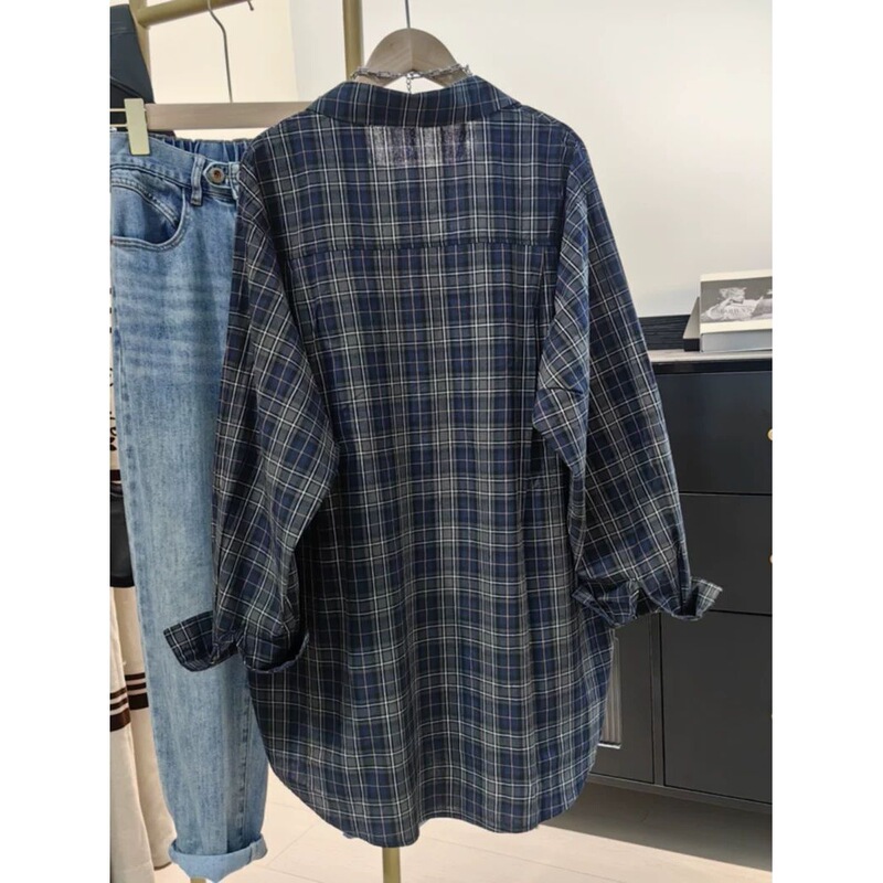 New Loose Plus-Size Plaid Shirt for Women, Autumn New Casual Lazy Style Relaxed Shirt Jacket Off-Shoulder