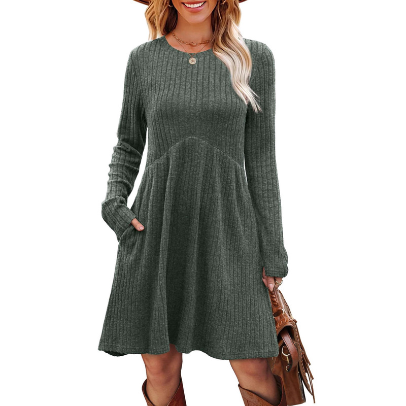 Cross-Border Amazon Autumn and Winter Women's Dress Bohemian Brushed Pit Strip Solid Color Round Neck Long-Sleeved Dress