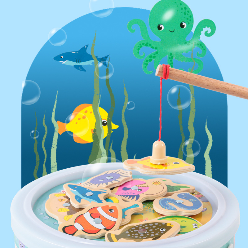 Barril de madera juguete de pesca marina educación temprana para niños rompecabezas cognición divertido juego de peces marinos magnéticos entre padres e hijos
