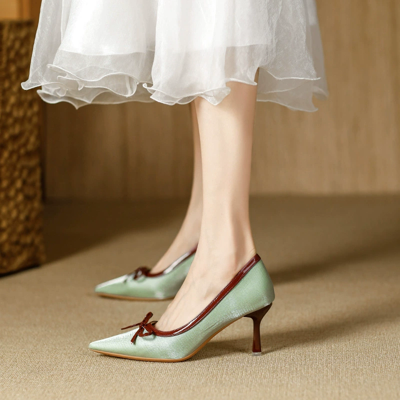 Женские туфли на высоком каблуке Fuxing Girl с острым носком, новинка 2025 года, модные темпераментные туфли с бантом в тон