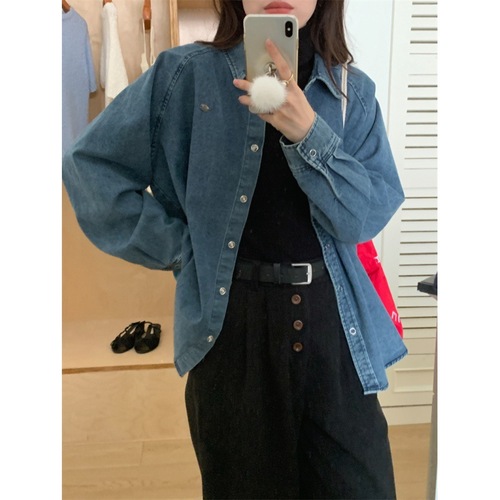 Korean style autumn and winter versatile casual loose single-breasted lapel thickened velvet lining washed denim long-sleeved shirt for women