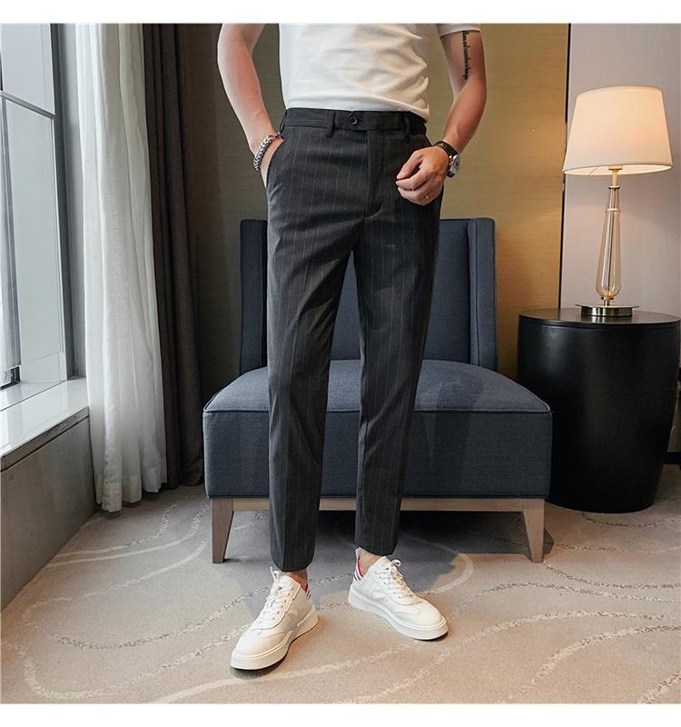 Quần tây sọc nam mùa hè ống côn Hàn Quốc dáng ôm nhẹ — Màu xám đậm với fleece, Quần lửng màu xám đậm, Quần lửng đen, Lông cừu đen chi tiết 6