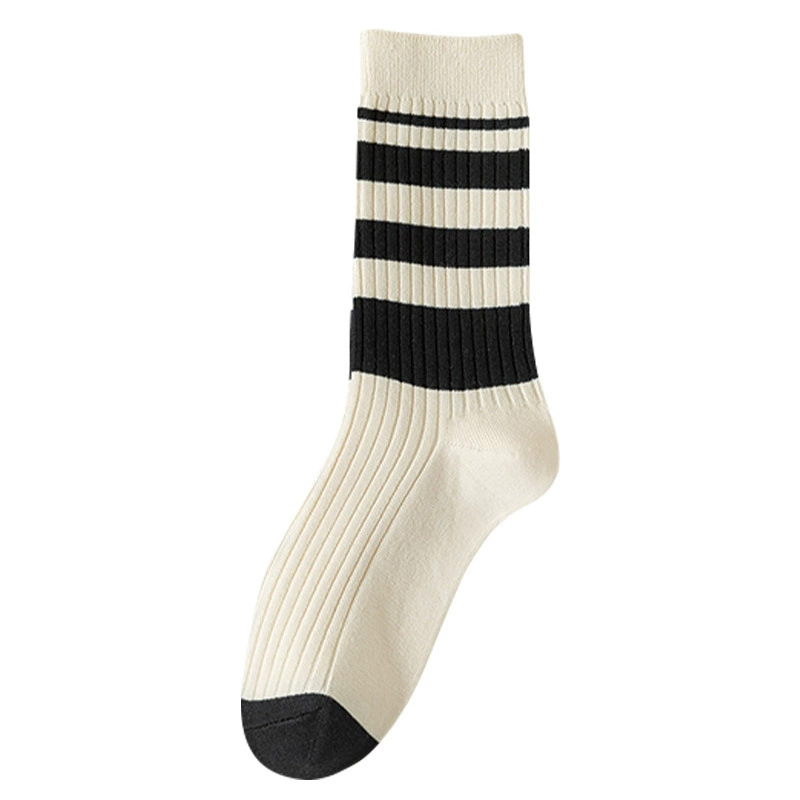 春秋季棉袜黑白条纹女士袜子防臭透气长袜棉吸汗诸暨中筒堆堆袜