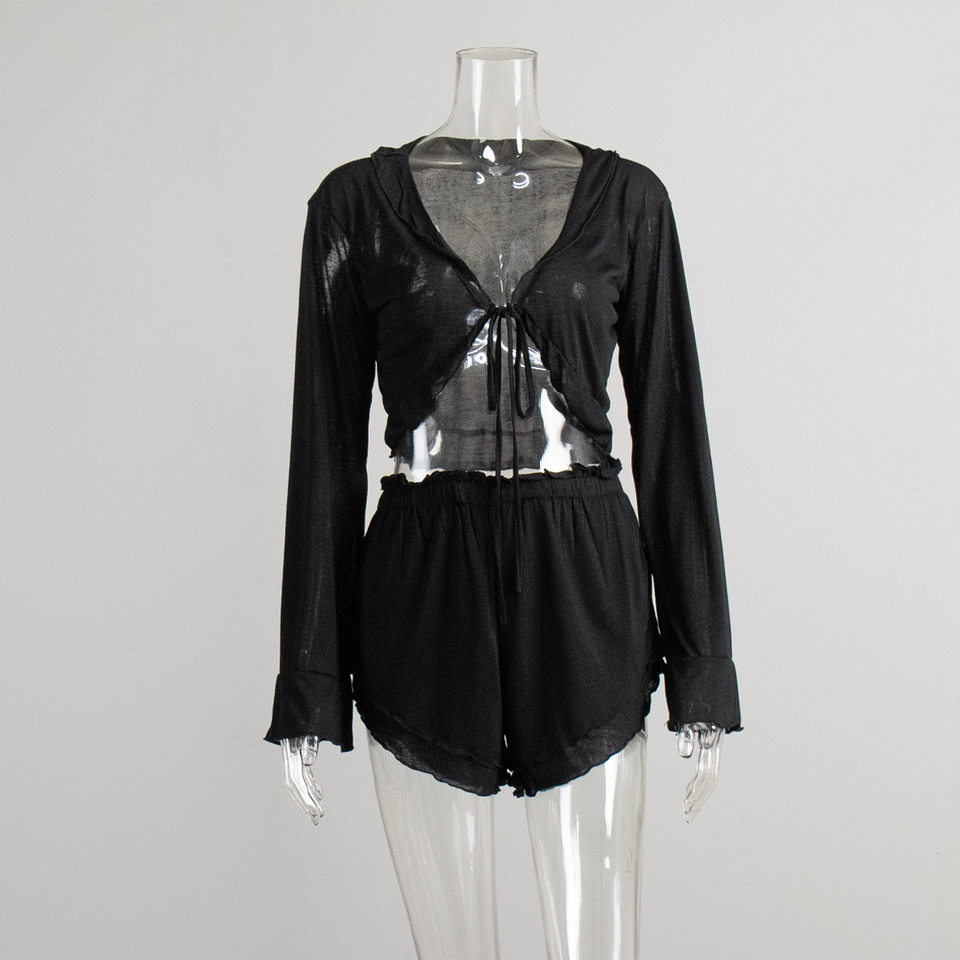 Bộ đồ ngủ nữ áo cardigan thắt dây kèm quần short dệt kim mặc nhà thoải mái — Màu trắng, Màu đen chi tiết 8