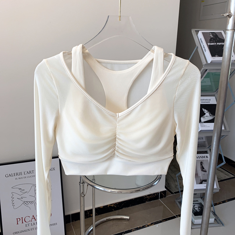 2025 新製品偽ツーピースメッシュヨガウェア Tシャツ女性の長袖通気性痩身フィットネスピラティストップ|undefined