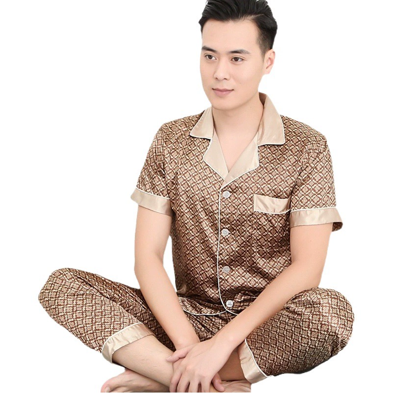 Мужские пижамы из тонкого шелка на весну и осень, мужские пижамы из искусственного шелка больших размеров с коротким рукавом, летняя домашняя одежда из ледяного шелка