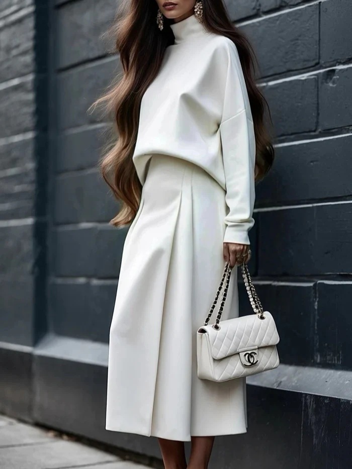 2025 European and American Clothing Amazon Pure Color Long-Sleeved Turtleneck Top Sweatshirt + Long Skirt Elastic Waist Skirt